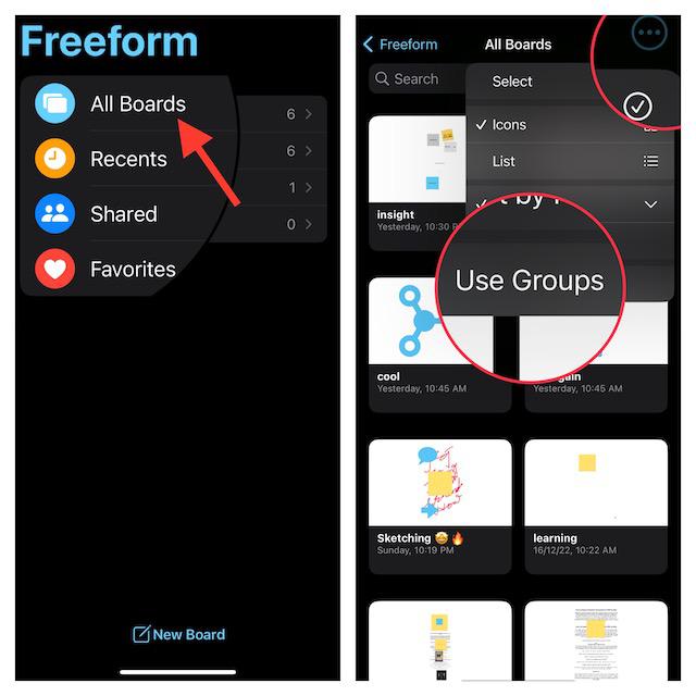 Группируйте все свои проекты Freeform на iPhone или iPad