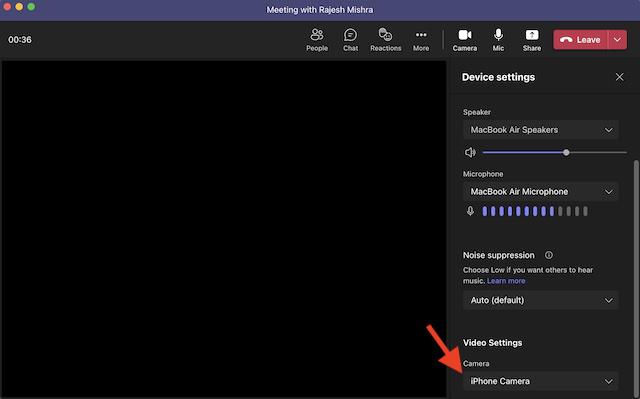 Использование камеры iPhone в Microsoft Teams на Mac