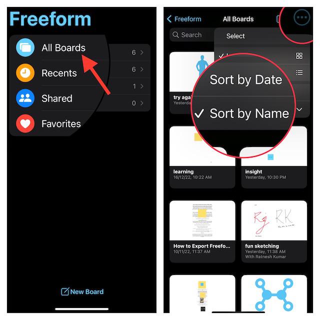 Сортируйте все ваши доски Freeform по дате или названию на iPhone или iPad